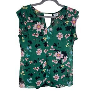 CAbi Green Floral Shadow Blouse 3618 Cap Sleeve Tank Cutout Summer Flirty Size S